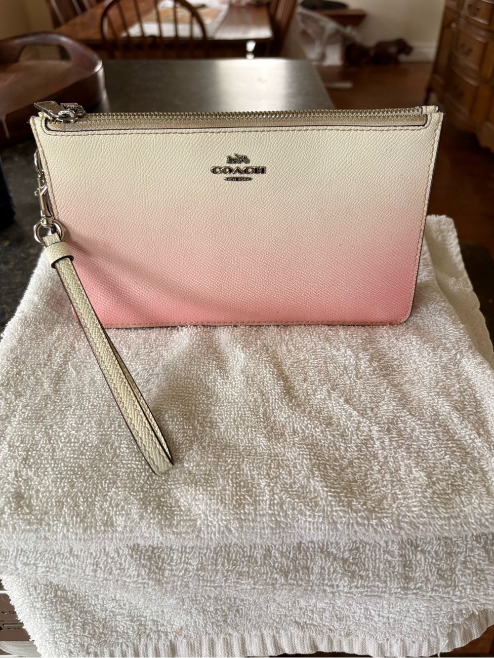 COACH Pink and Cream Ombre Wristlet with Detachable Strap
